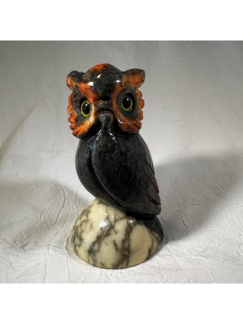 Vintage Genuine Alabaster OWL Hand Carved Italy Glass Eyes Figurine Paperweight